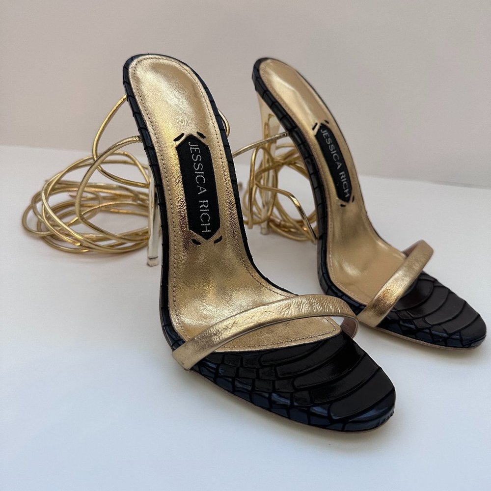 Jessica Rich Stiletto Black and Gold Patent Leather with Gold Lace-up Straps